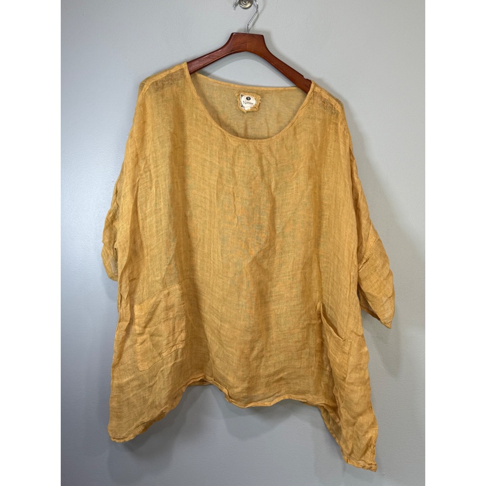 Namsar Mustard Yellow 100% Linen Lagenlook Tunic Top OS Sharkbite oversized